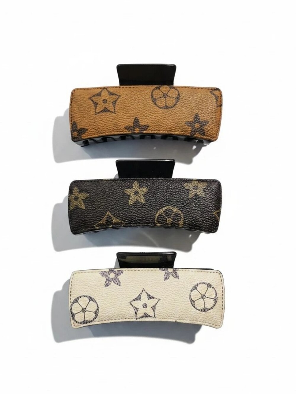 3/$18 Hair Claw Faux Leather Clip  - Dark Brown, Tan, Cream